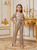 Tween Girls' Square Collar Long Sleeves Sequin Belted Jumpsuit - Elonnashop