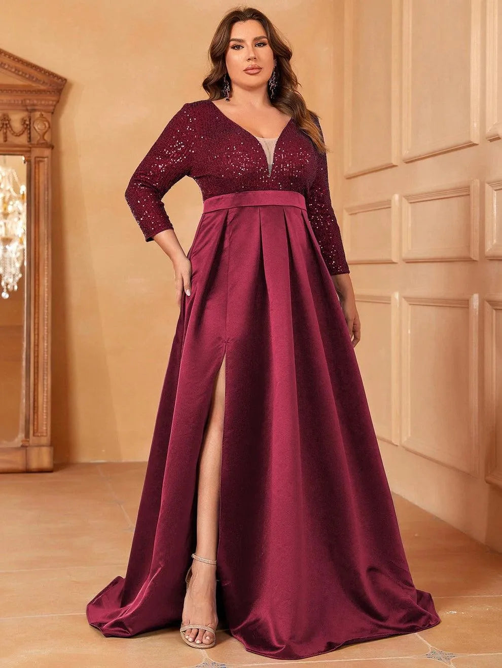 Plus Deep V Neck 3/4 Sleeve Slit A Line Prom Dress - Elonnashop