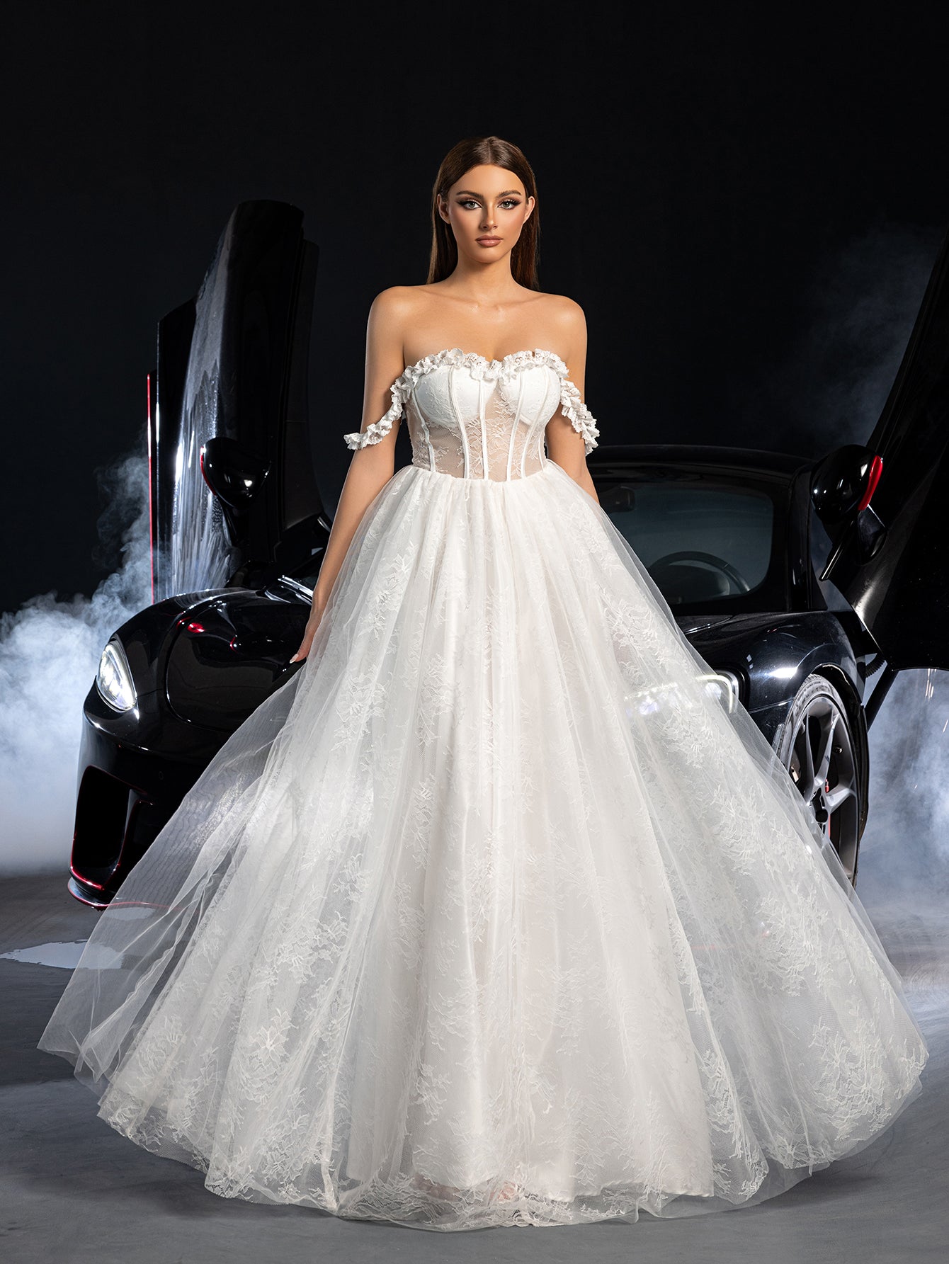 Convertible Gown Detachable Overskirt Long Sleeve Wedding Dress Detachable Skirt Elegant Off Shoulder Lace Bodice Contrast Convertible Gown Detachable Overskirt Long Sleeve Wedding Dress Detachable Skirt Elegant Off Shoulder Lace Bodice Contrast