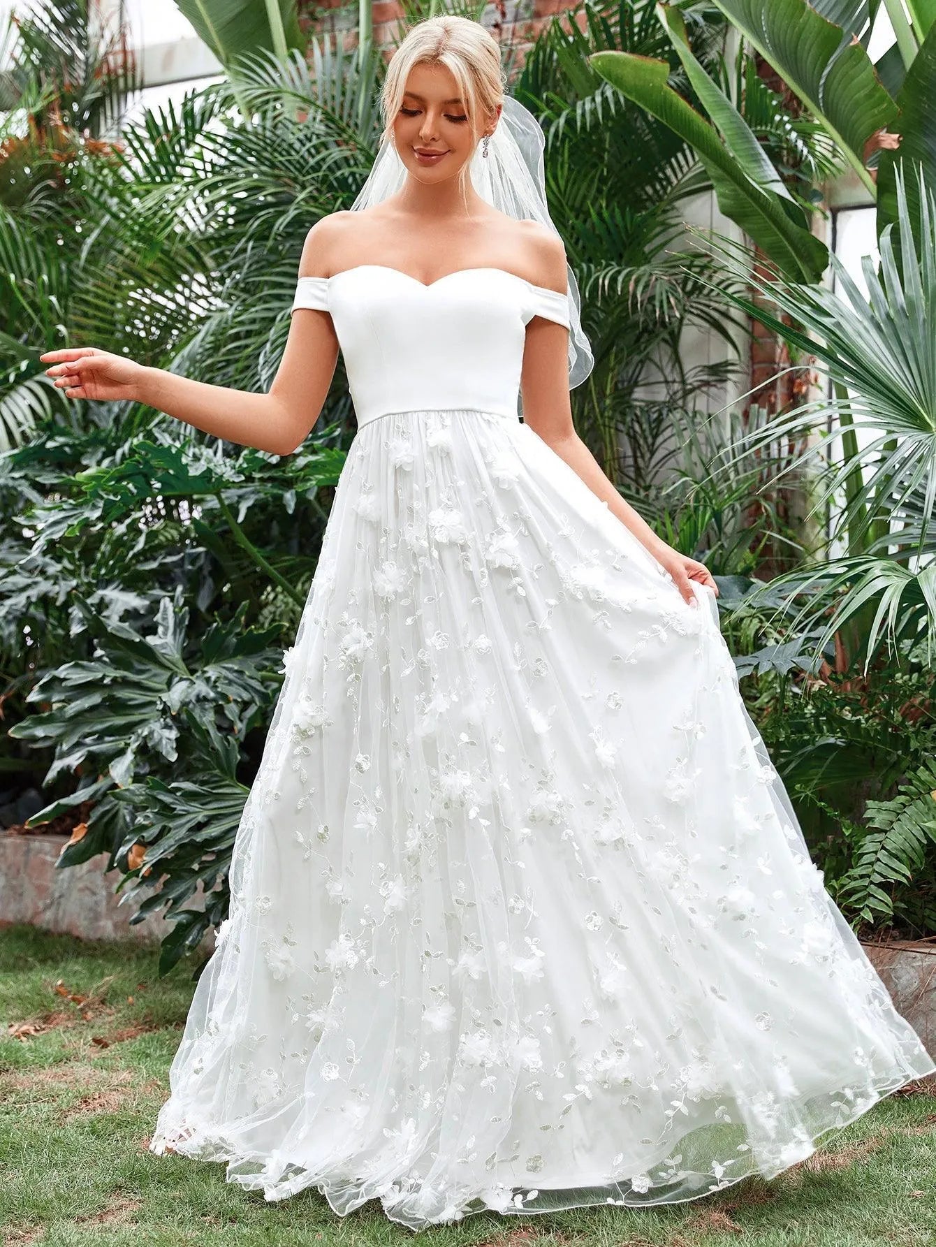 Off Shoulder Floral Applique Mesh Wedding Dress - Elonnashop