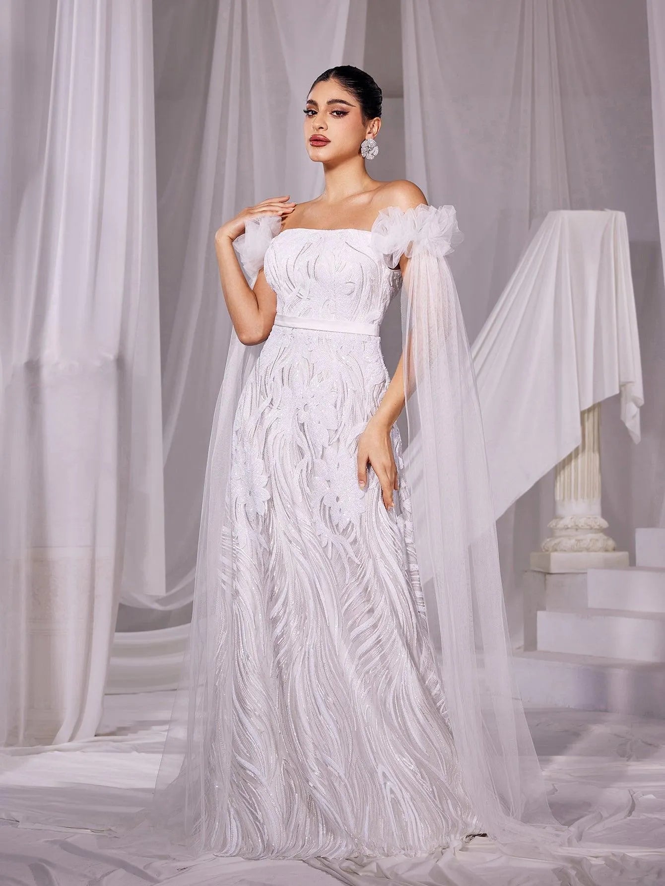 Elegant Off Shoulder Cloak Sleeves Wedding Dress - Elonnashop