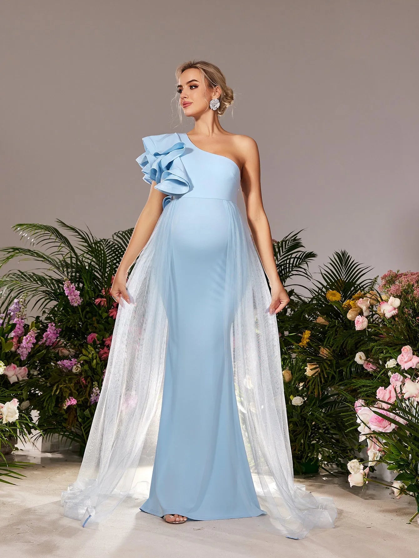 Maternity One Shoulder Ruffle Trim Mesh Overlay Mermaid Party Dress Elonnashop Maternity One Shoulder Ruffle Trim Mesh Overlay Mermaid Party Dress Elonnashop