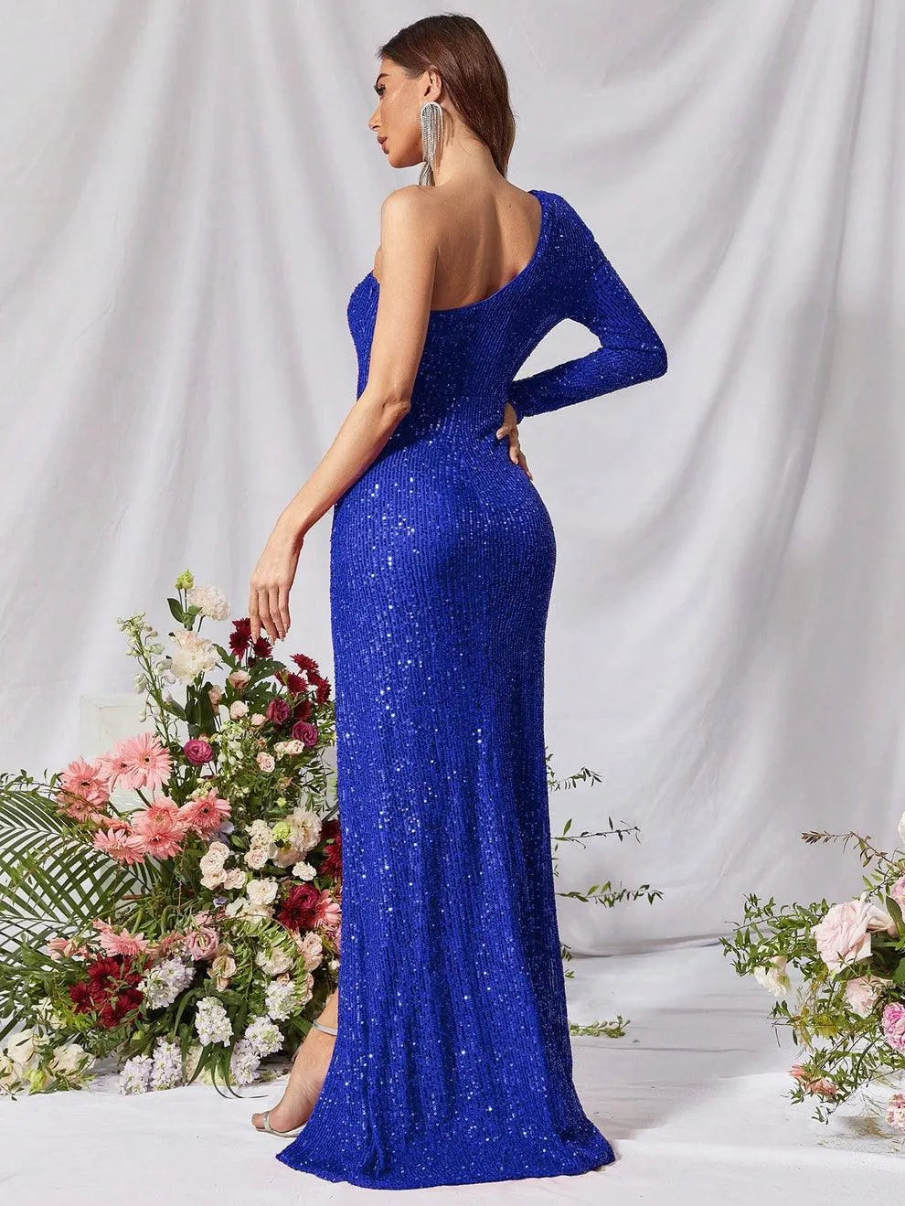 One Shoulder Split Thigh Sequin Formal Dress - Elonnashop