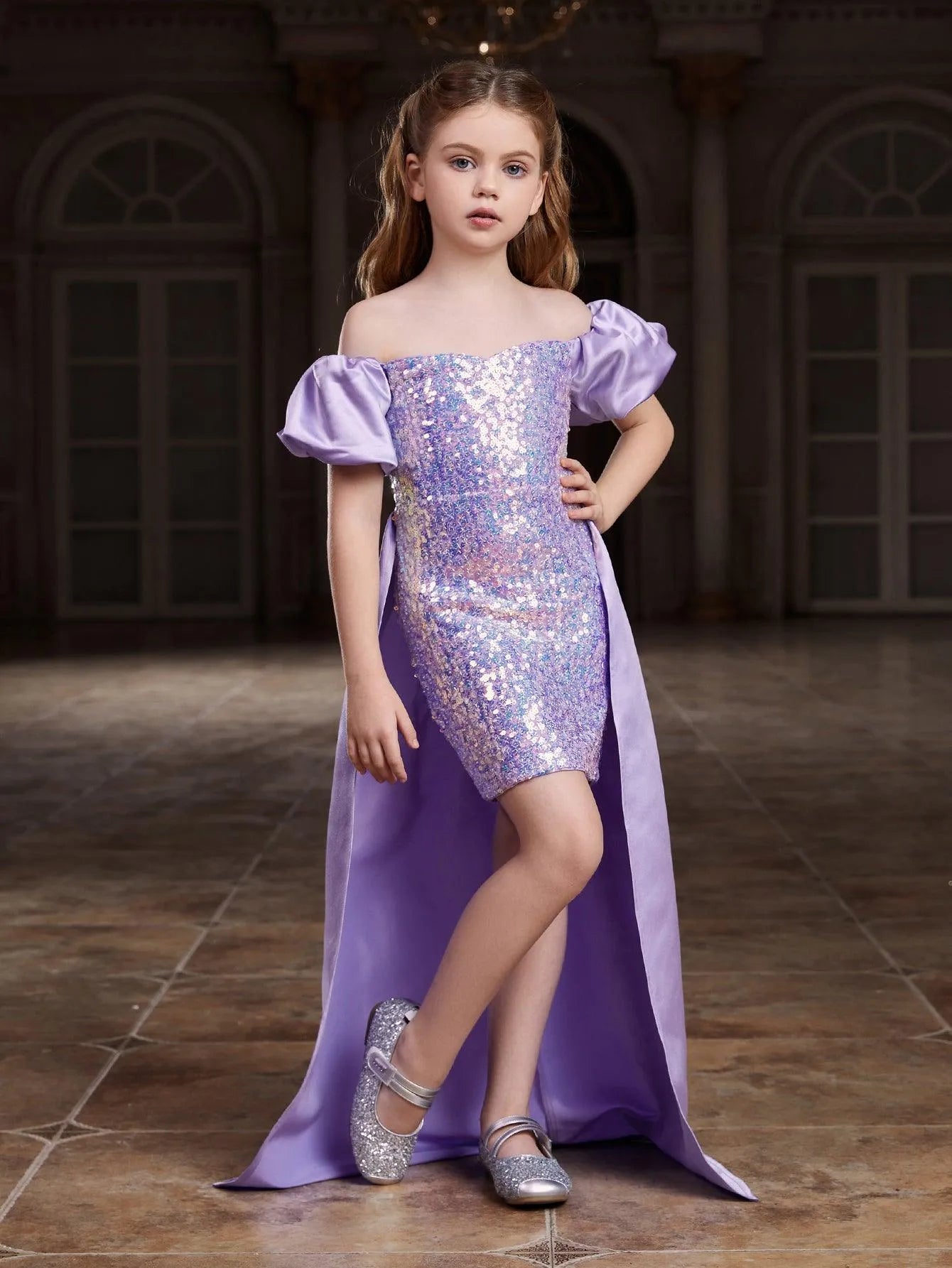 Tween Girls' Off Shoulder Puff Sleeves Satin Overlay Sequin Party Dress - Elonnashop