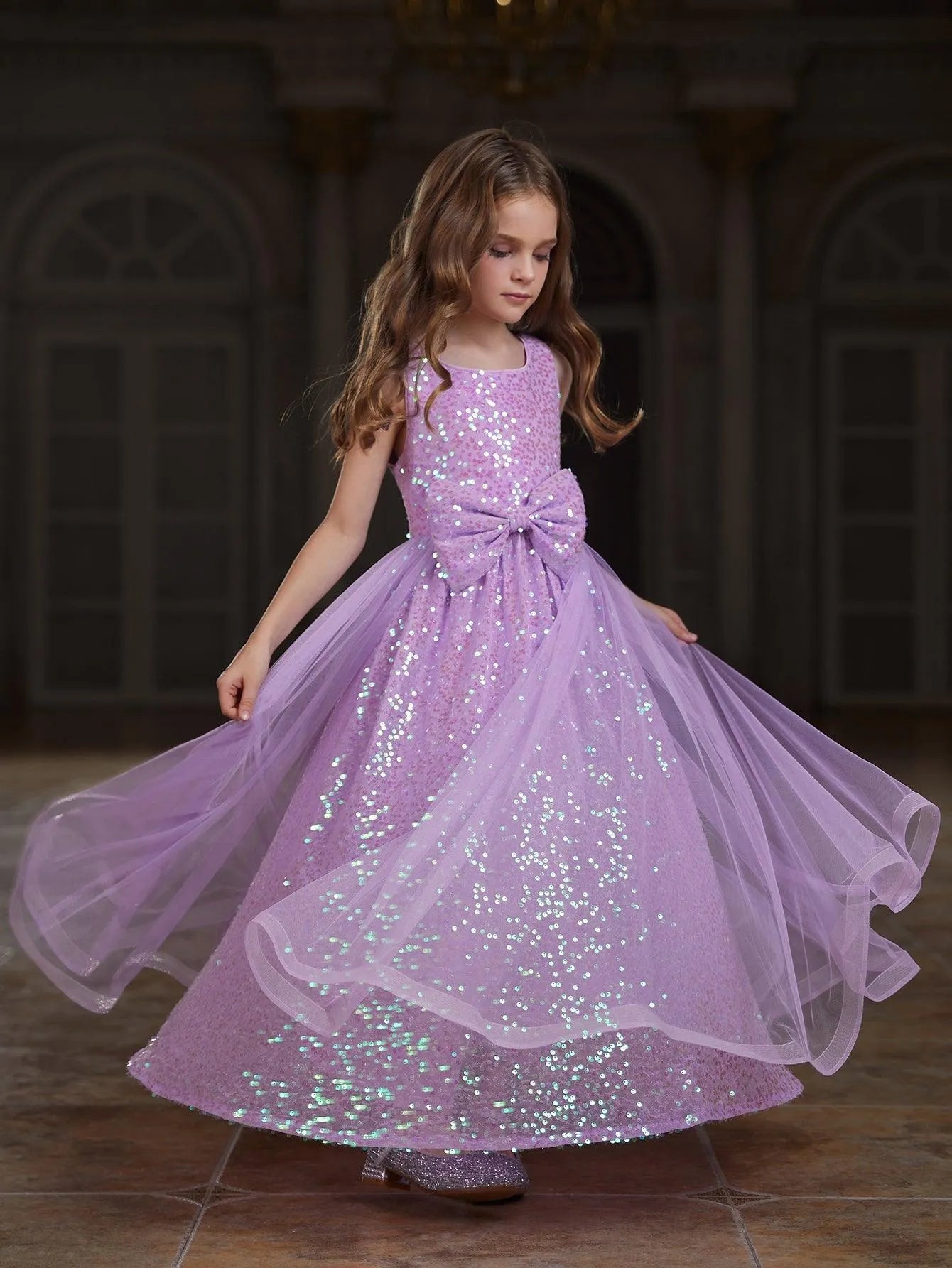 Tween Girls' Round Neck Sleeveless Mesh Overlay Sequin Dress - Elonnashop