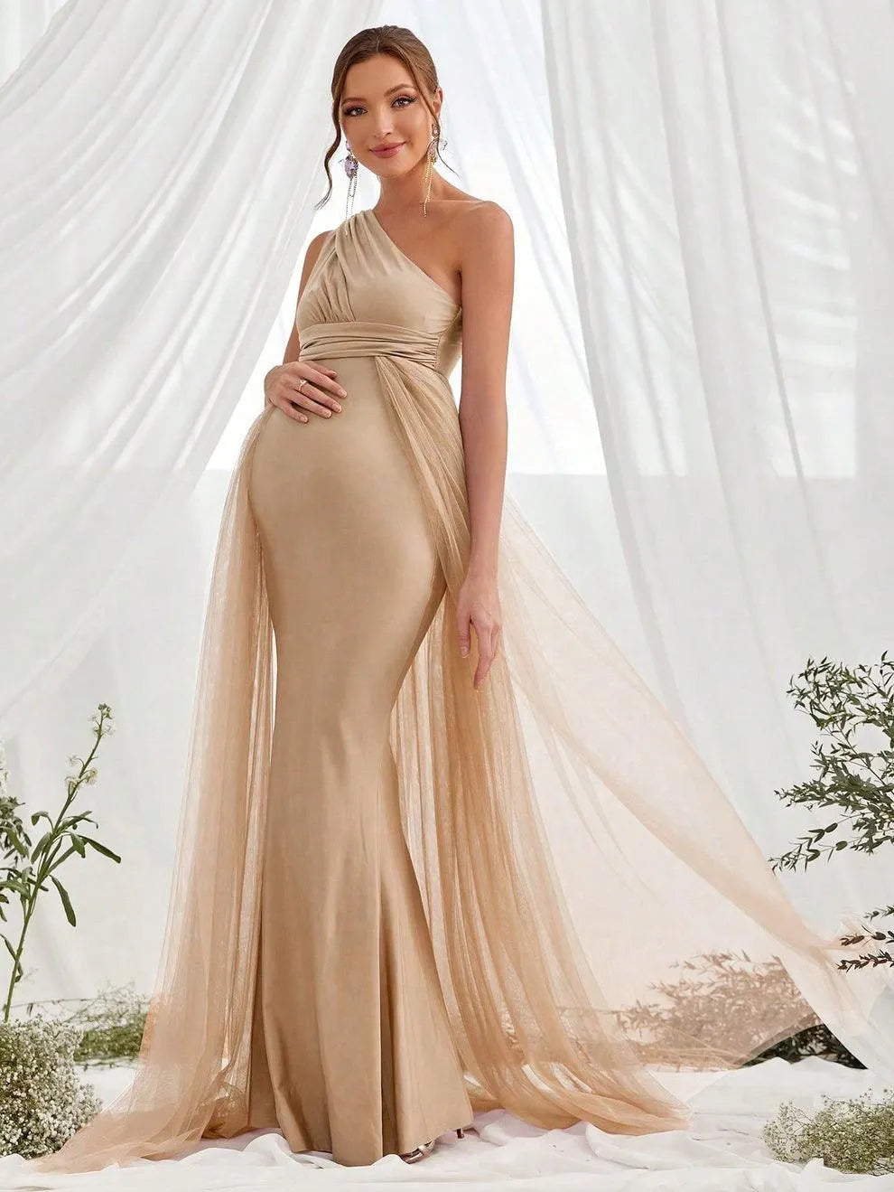 Maternity One Shoulder Contrast Mesh Mermaid Prom Dress - Elonnashop