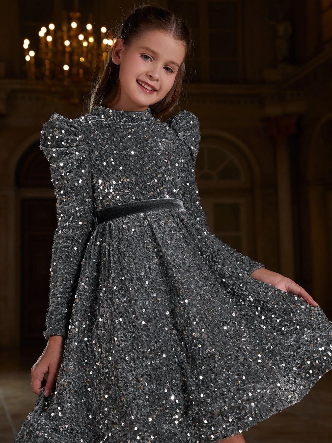 Tween Girls' Mock Neck Gigot Sleeve Sequin A Line Dress - Elonnashop