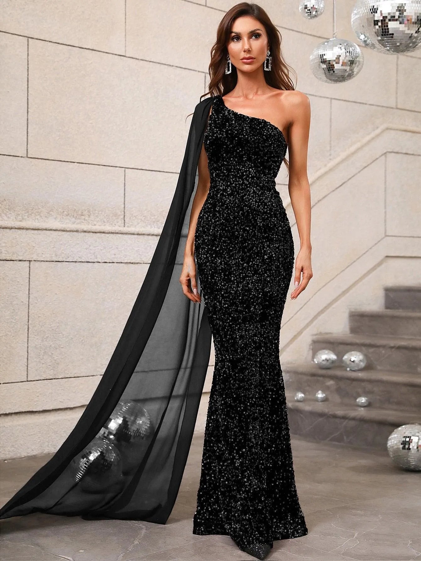 Elegant Sequin One Shoulder Sash Prom Dresses - Elonnashop