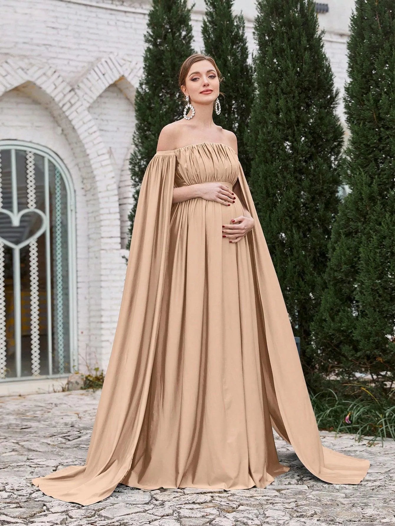 Maternity Off Shoulder Cape Sleeves Maxi Prom Dress - Elonnashop