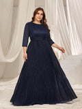 Plus Glitter 3/4 Sleeves Pleated A Line Evening Dress - Elonnashop