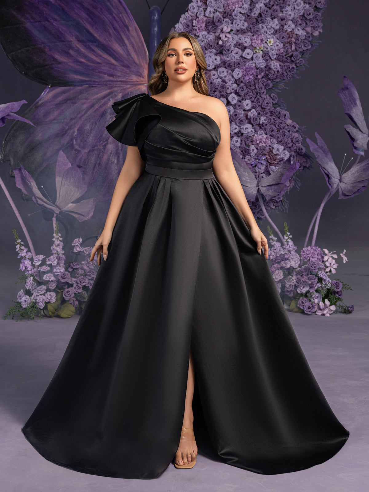 Plus-Size Dramatic Black Bridal Gowns: Asymmetrical One-Shoulder & Backless Satin Ball Dresses with Floor-Length Silhouette