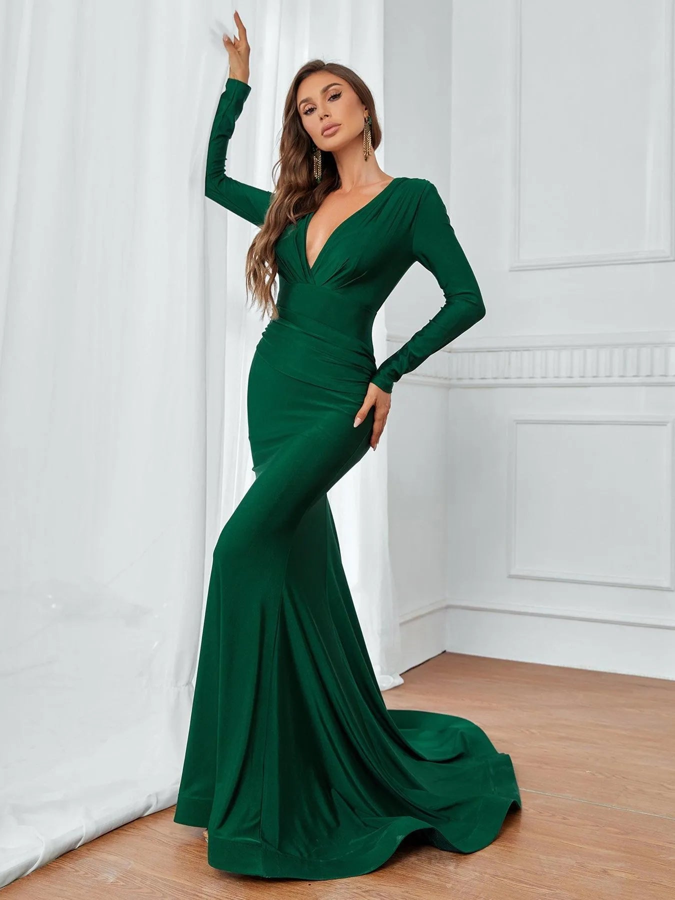 Plunging Neck Backless Mermaid Hem Formal Dress - Elonnashop