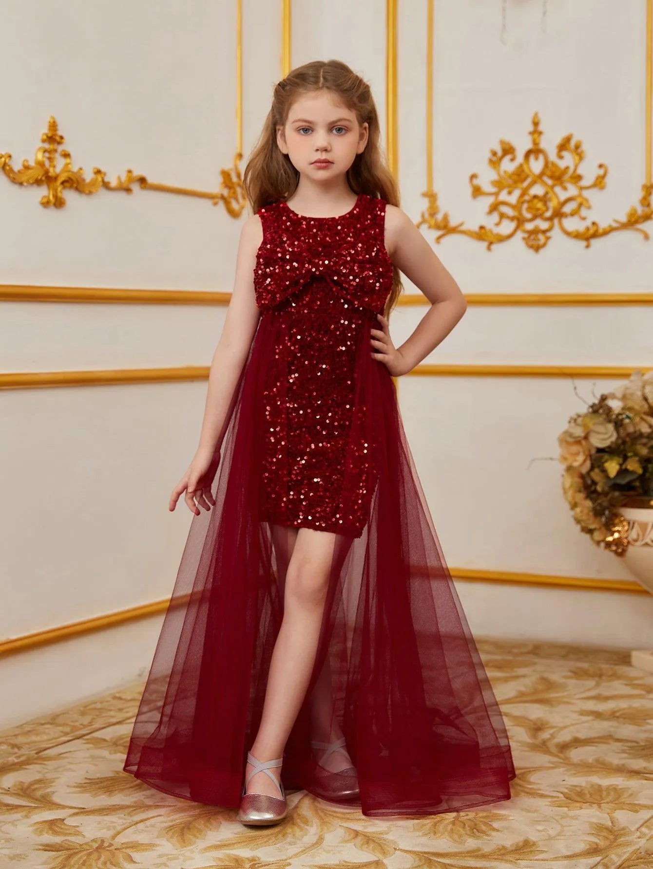 Tween Girls' Bow Front Mesh Overlay Sequin Mini Dress Elonnashop Tween Girls' Bow Front Mesh Overlay Sequin Mini Dress Elonnashop
