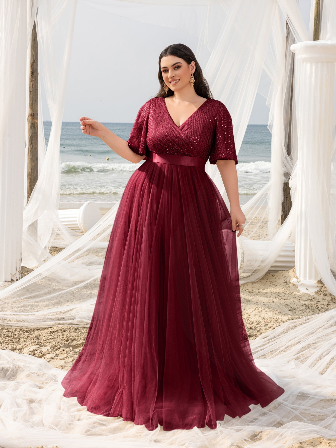 Plus Elegant Surplice Neck Butterfly Sleeves Sequin Evening Dress