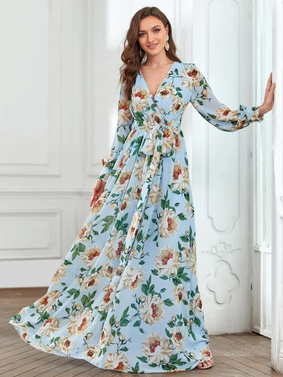 Elegant V Neck Long Sleeve Chiffon Floral Print Dress - Elonnashop