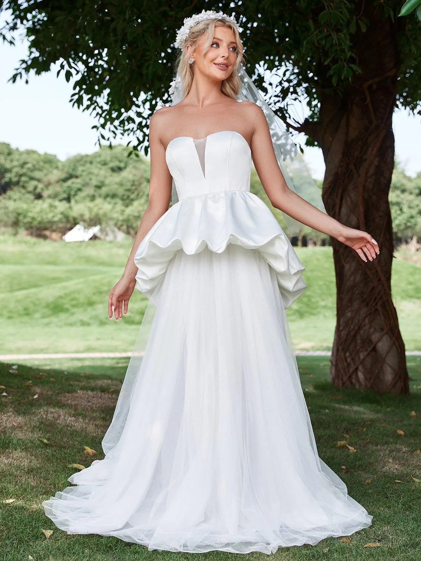 Ruffle Trim Mesh Overlay Satin Tube Wedding Dress Elonnashop Ruffle Trim Mesh Overlay Satin Tube Wedding Dress Elonnashop