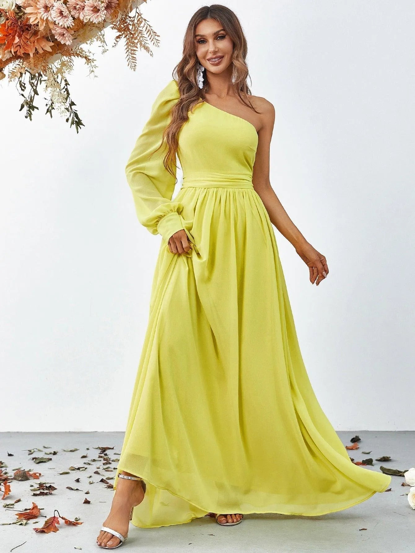 One Shoulder Lantern Sleeve Chiffon Dress - Elonnashop