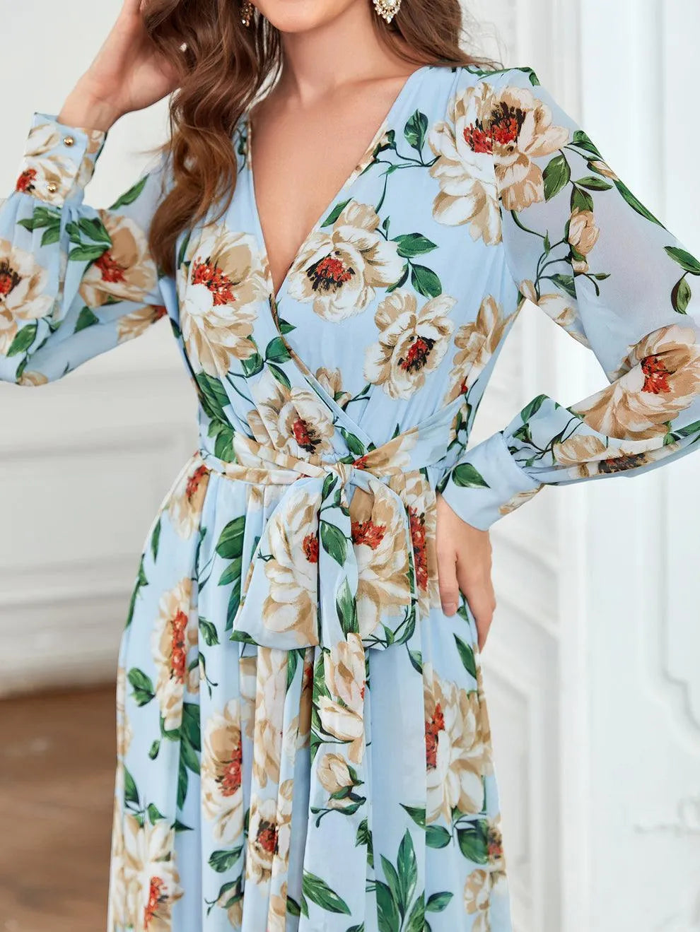 Elegant V Neck Long Sleeve Chiffon Floral Print Dress - Elonnashop