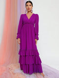 Solid Lantern Sleeves Layered Ruffle Hem Chiffon Dress - Elonnashop