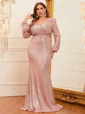 Plus Surplice Neck Lantern Sleeve Sequin Mermaid Dress