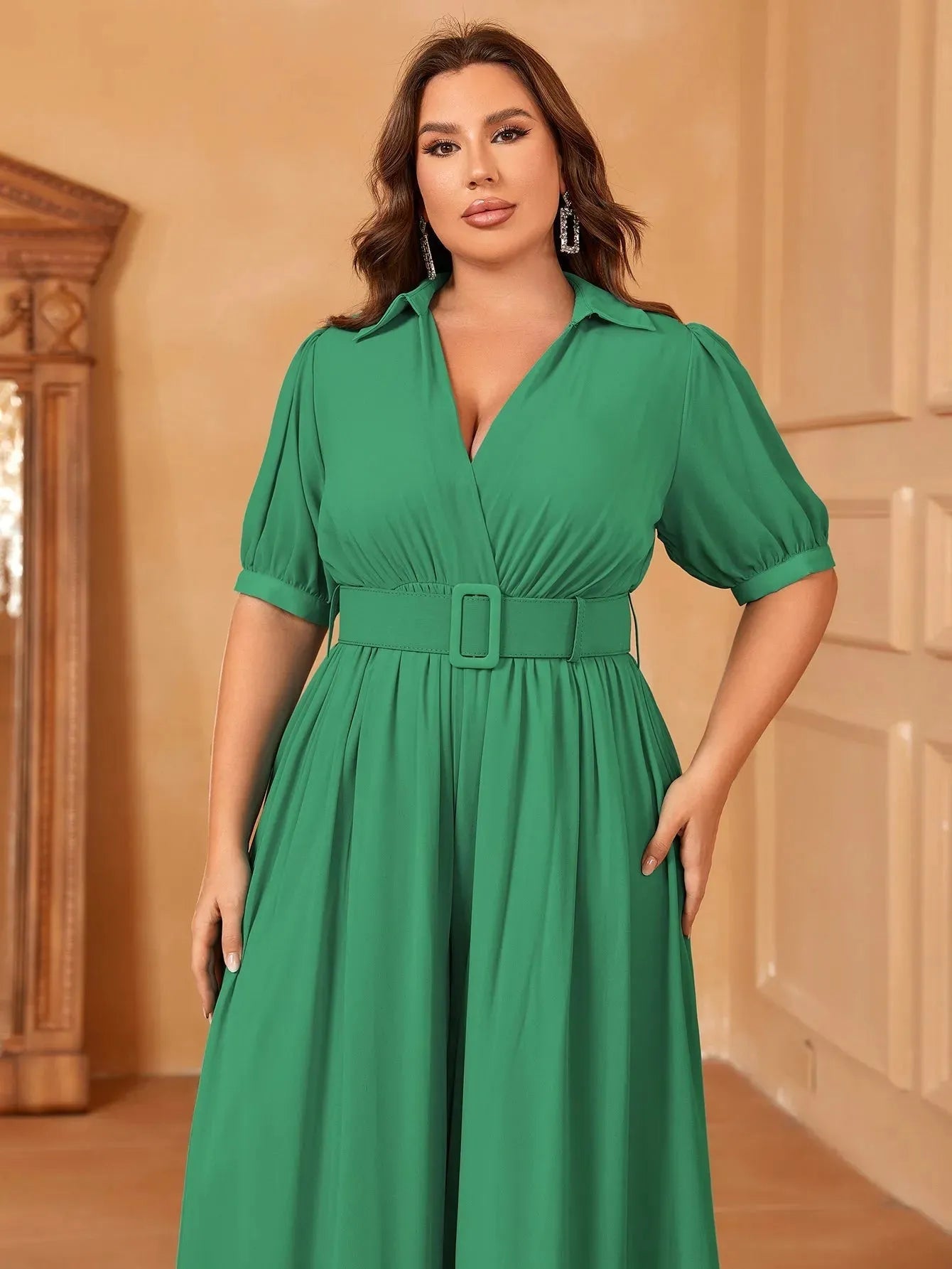 Plus Deep V Short Sleeve Wide Leg Jumpsuit