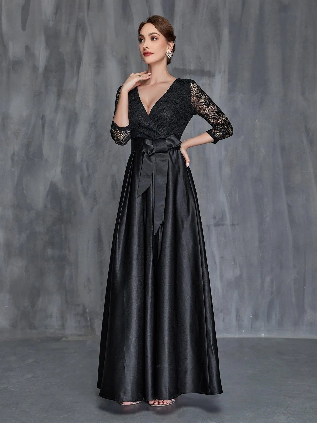 Womens' Surplice Neck Lace Contrast Satin Belted Dress - Elonnashop