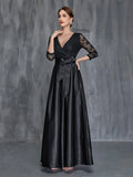 Womens' Surplice Neck Lace Contrast Satin Belted Dress - Elonnashop