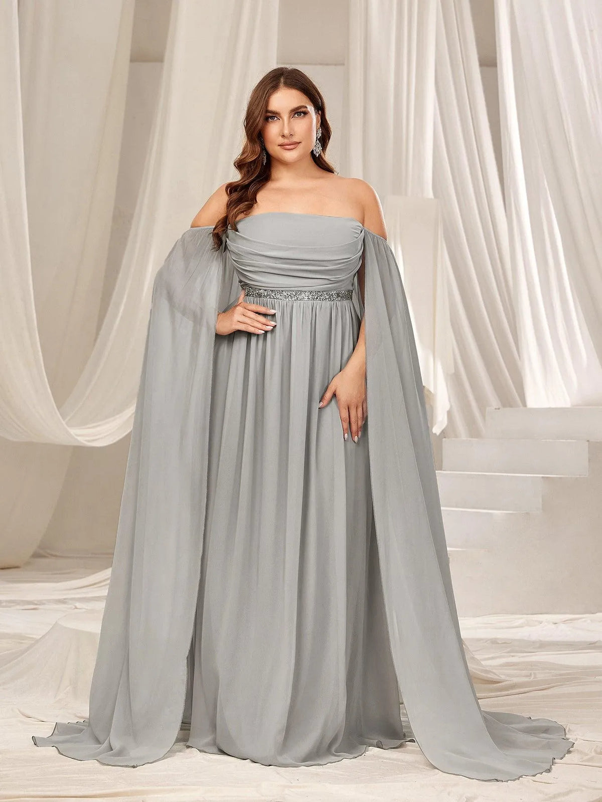 Plus Off Shoulder Extra-Long Sleeves Chiffon Prom Dress - Elonnashop