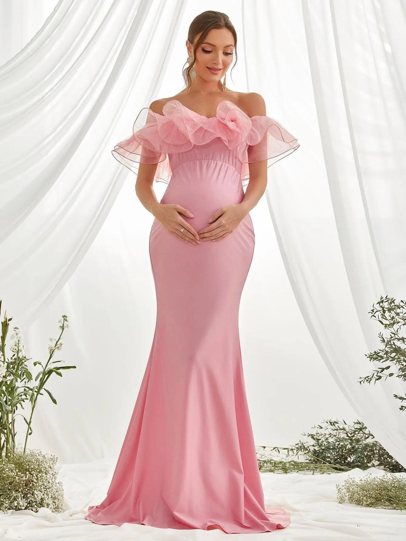 Maternity Ruffle Trim Off Shoulder Mermaid Hem Party Dress - Elonnashop