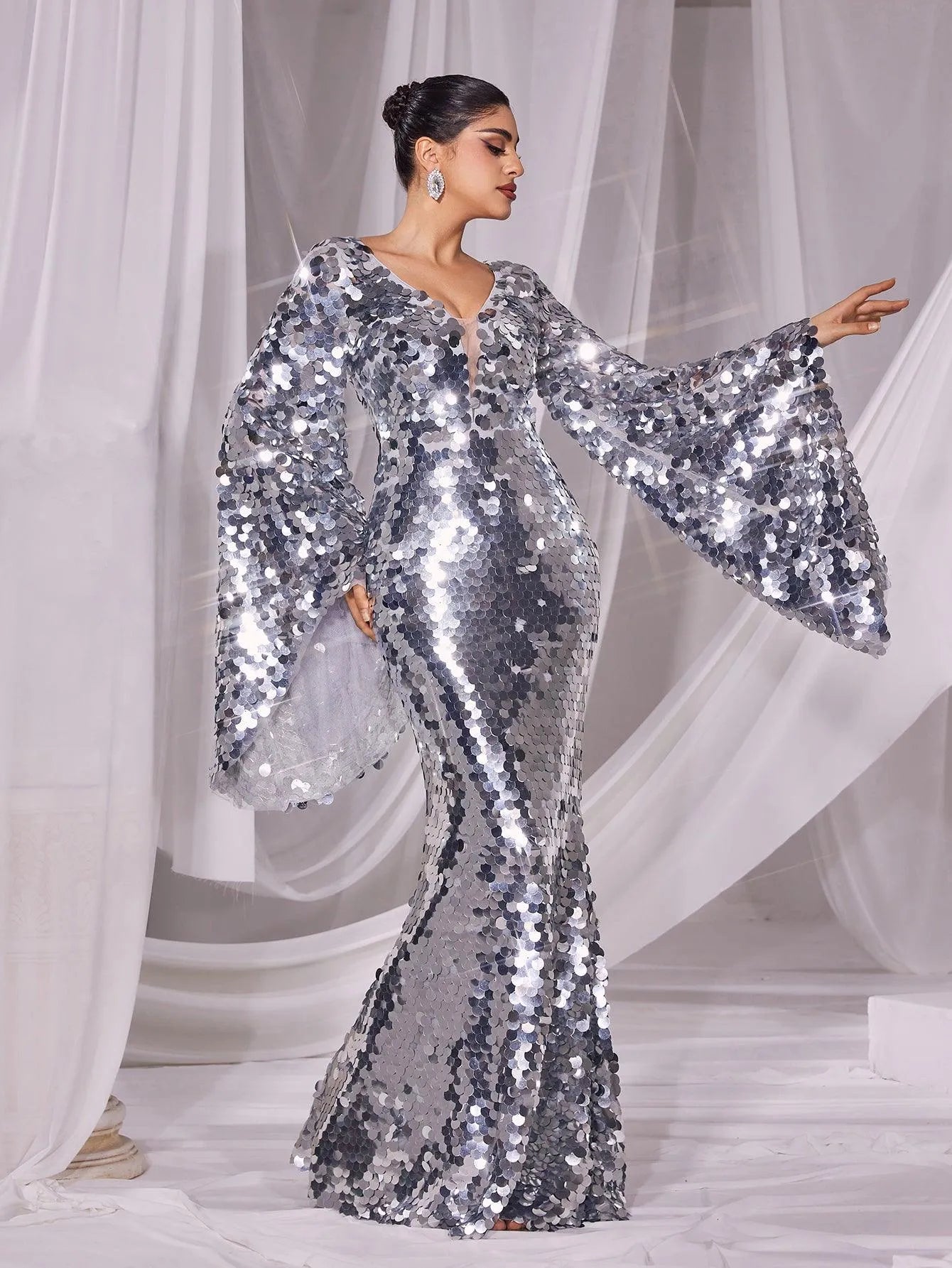 Plunging Neck Flared Sleeves Sequin Mermaid Dress - Elonnashop