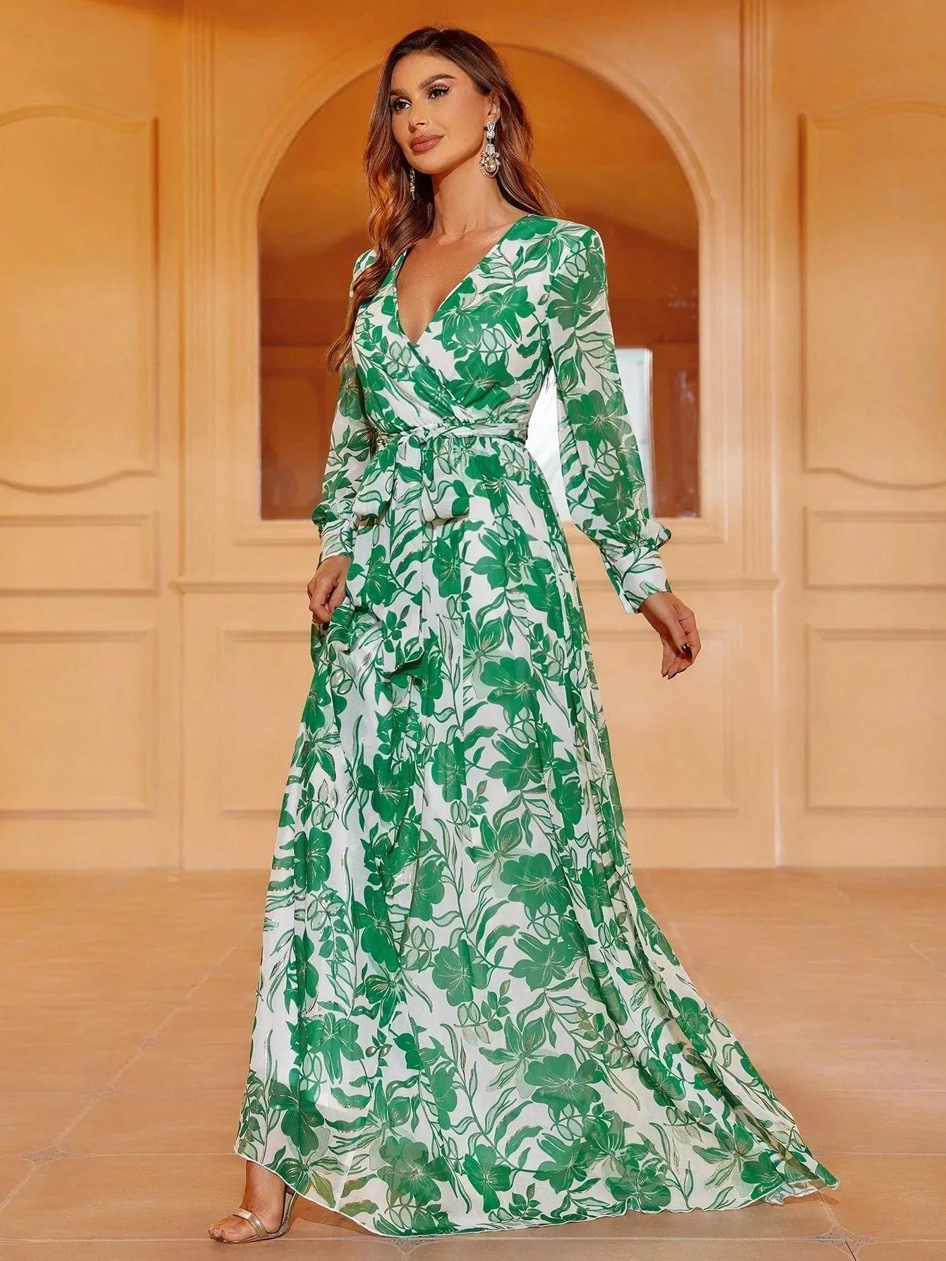 Elegant V Neck Long Sleeves Floral Print Chiffon Belted Dress