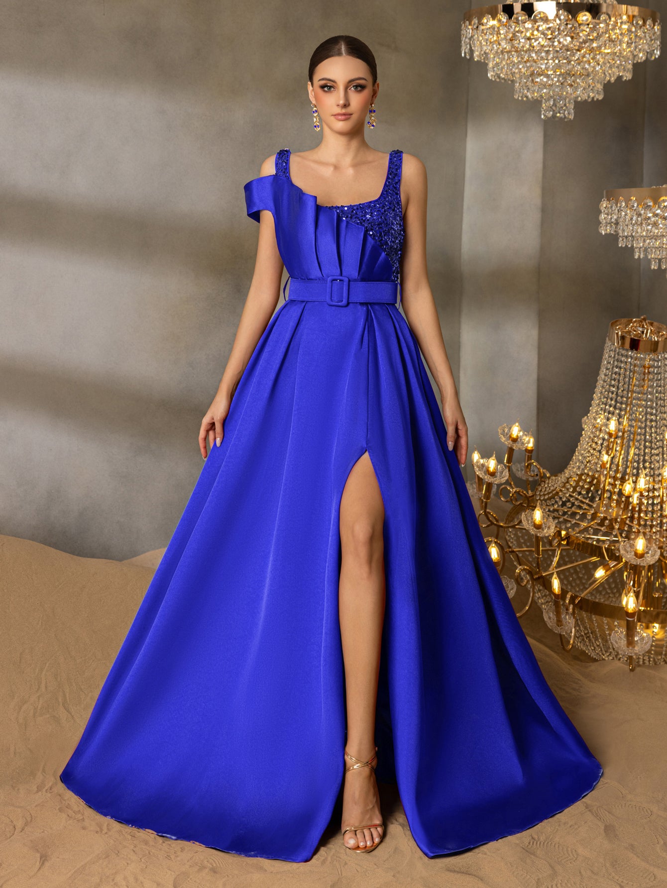 Elegant Square Collar Buckle Belted Split Satin Prom Dress