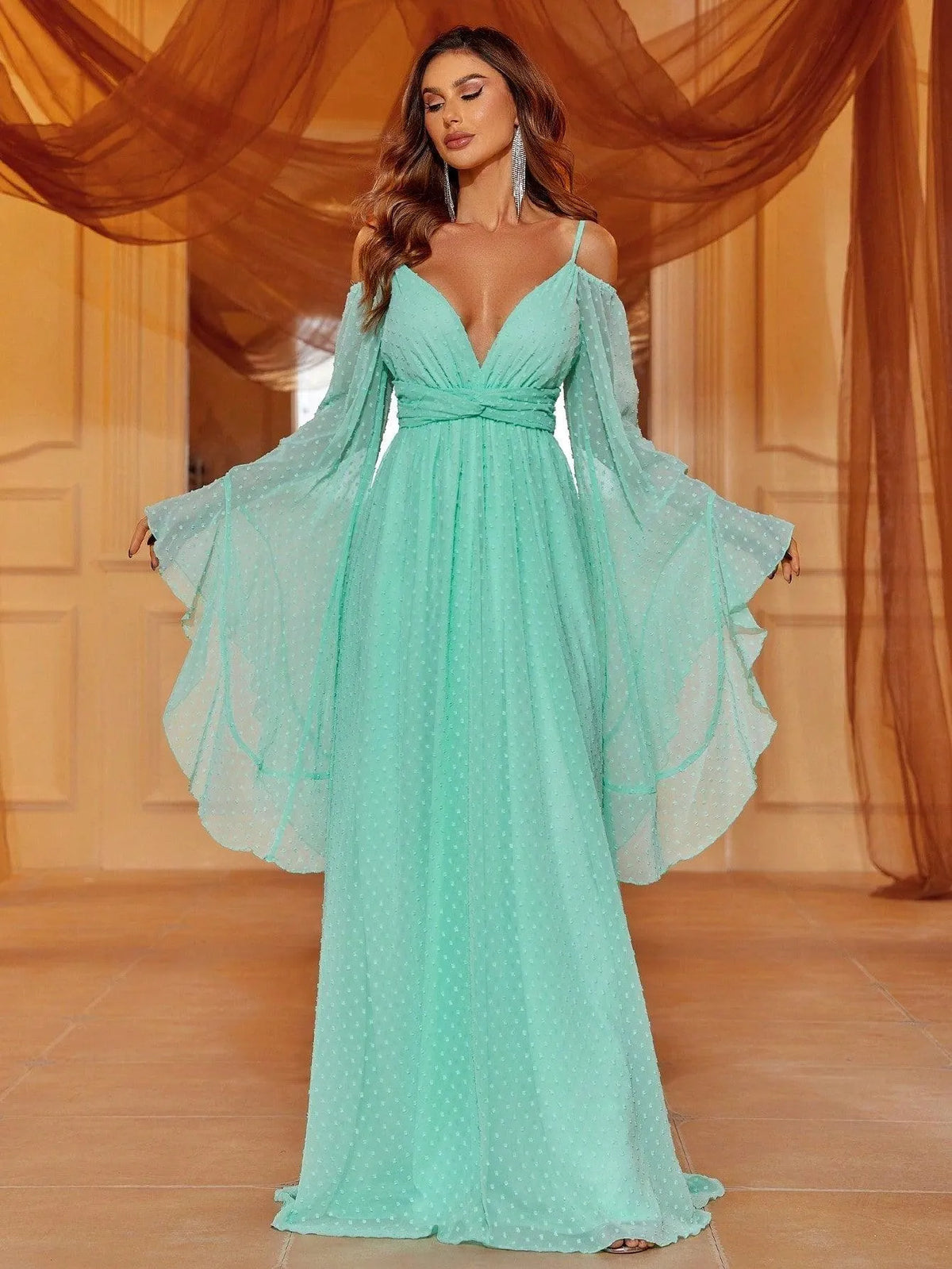 chiffon swiss dot dress Green Mist Chiffon Brasso Swiss Dot V-Neck Dress ElinaFashion.com