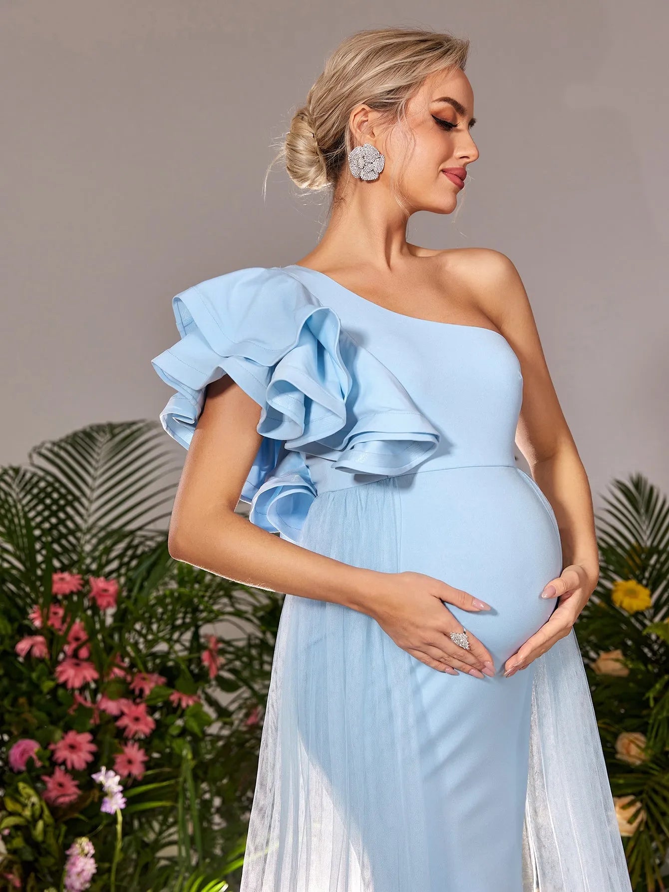 Maternity One Shoulder Ruffle Trim Mesh Overlay Mermaid Party Dress