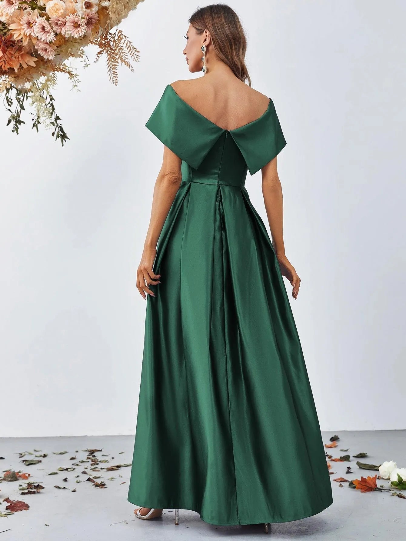 Off Shoulder Fold Pleated Detail Satin A Line Dress - Elonnashop