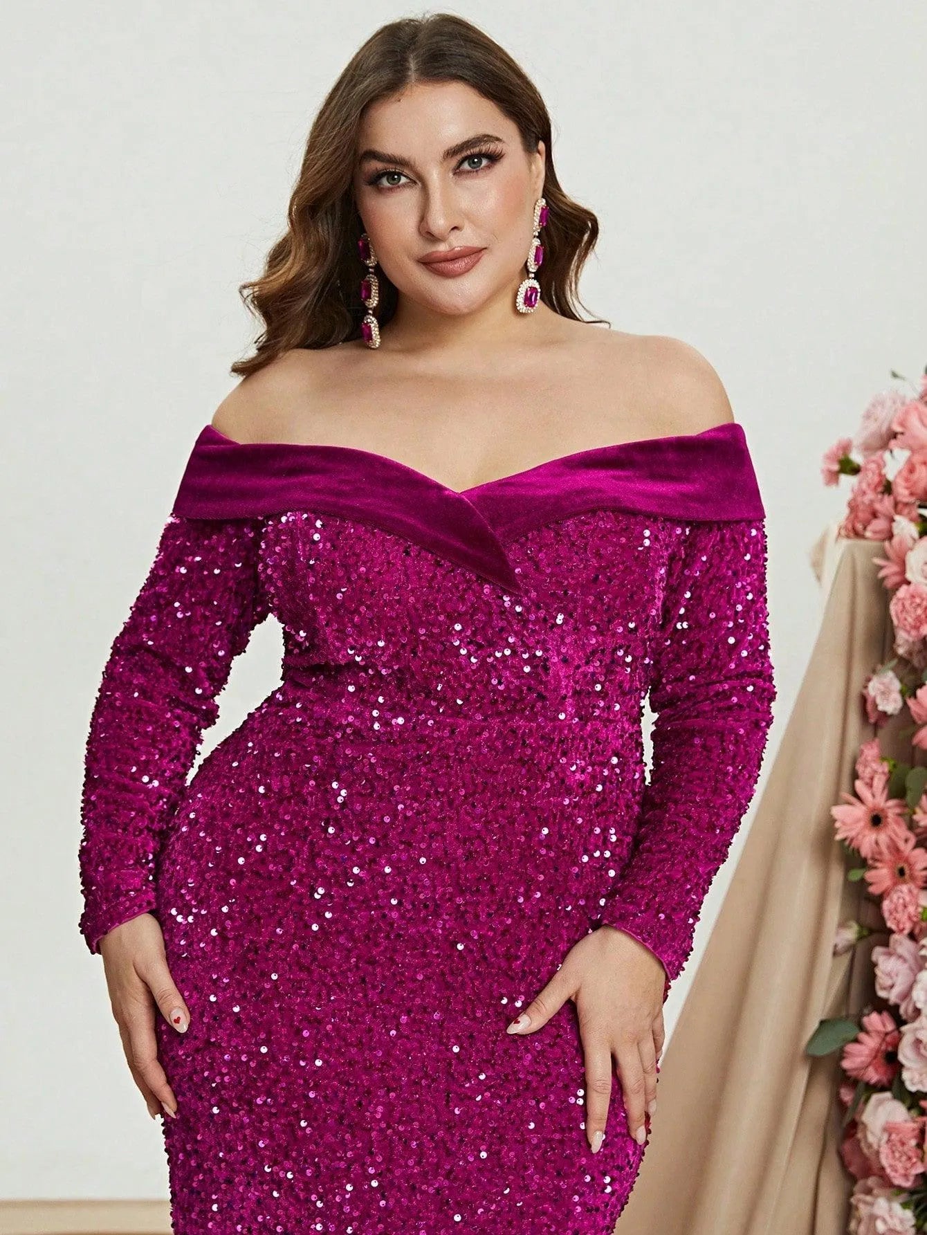 Plus Off Shoulder Long Sleeve Sequin Mermaid Dresses - Elonnashop