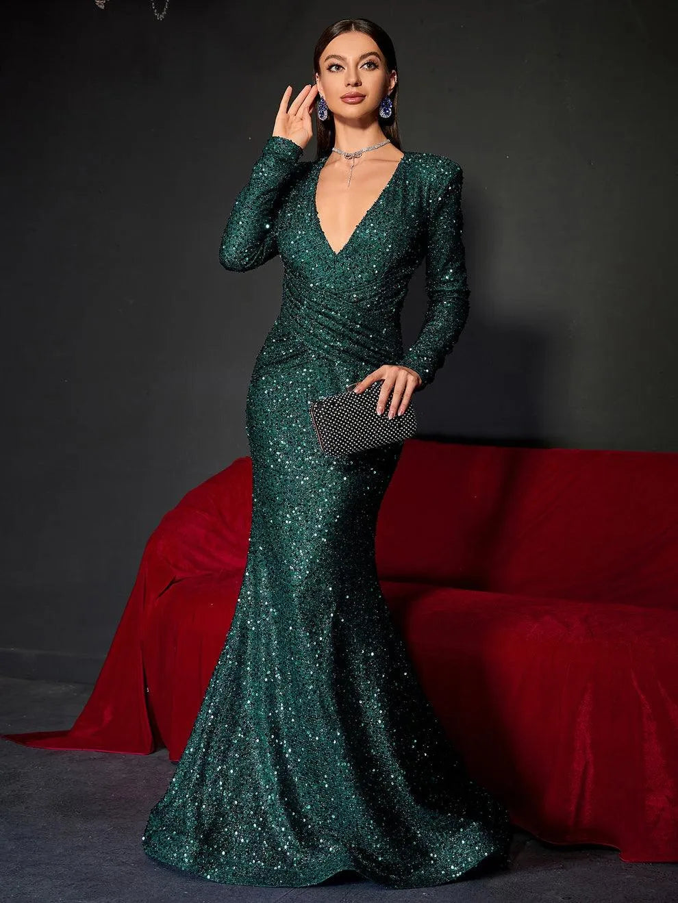 Plunging Neck Long Sleeve Sequin Mermaid Dresses - Elonnashop