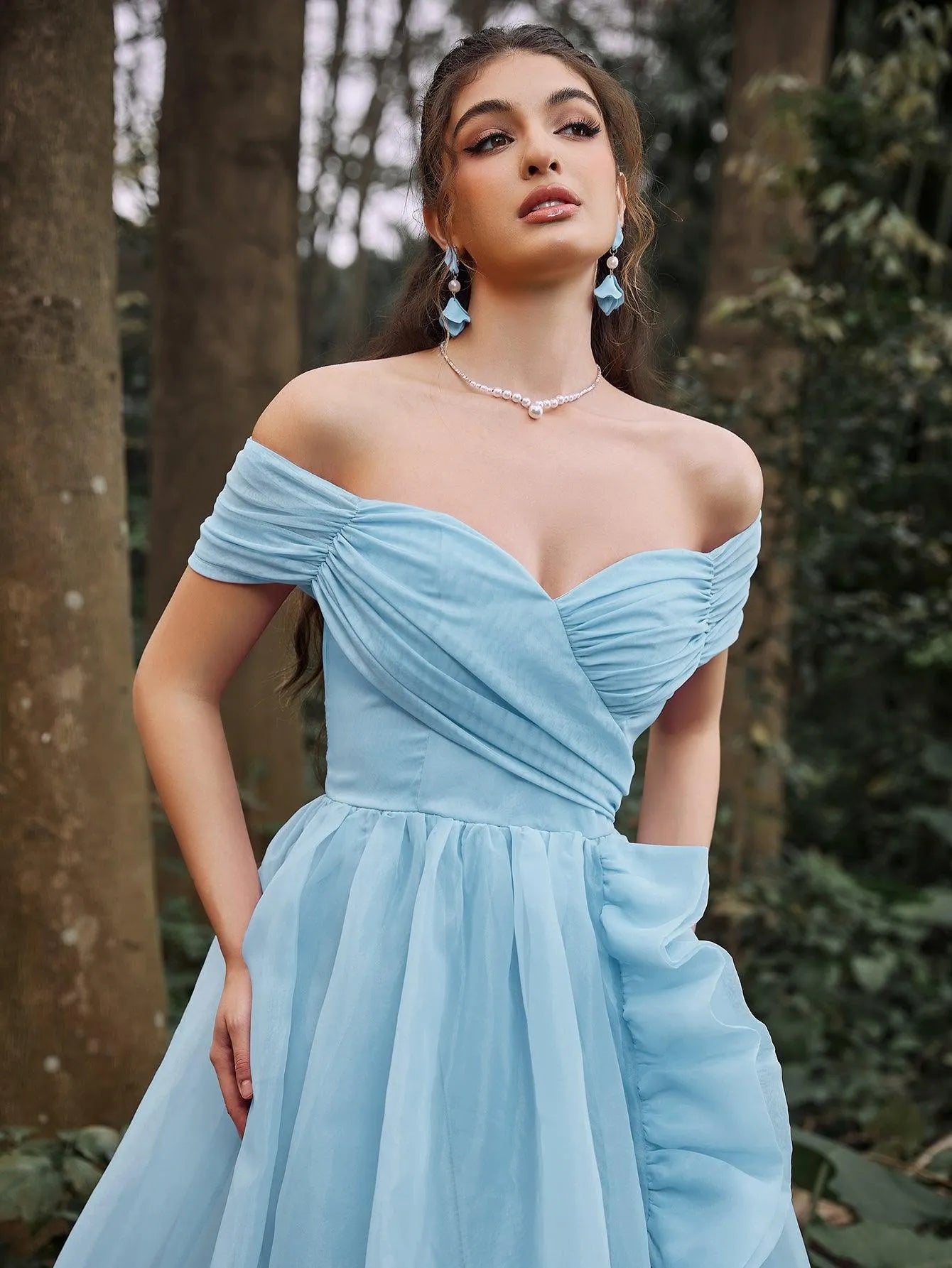 Off Shoulder Ruffle Trim Split Thigh Organza Prom Dress - Elonnashop