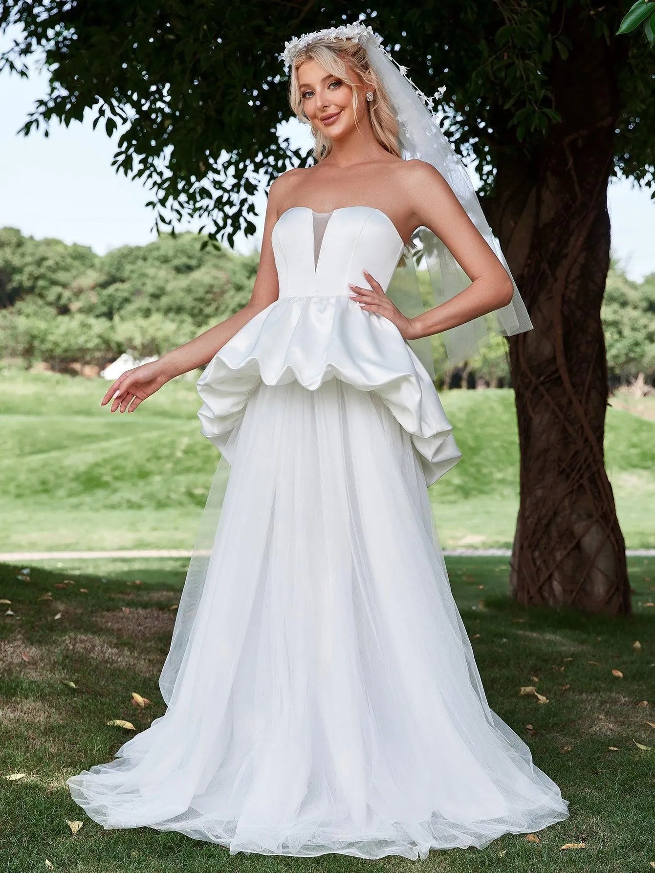 Ruffle Trim Mesh Overlay Satin Tube Wedding Dress - Elonnashop