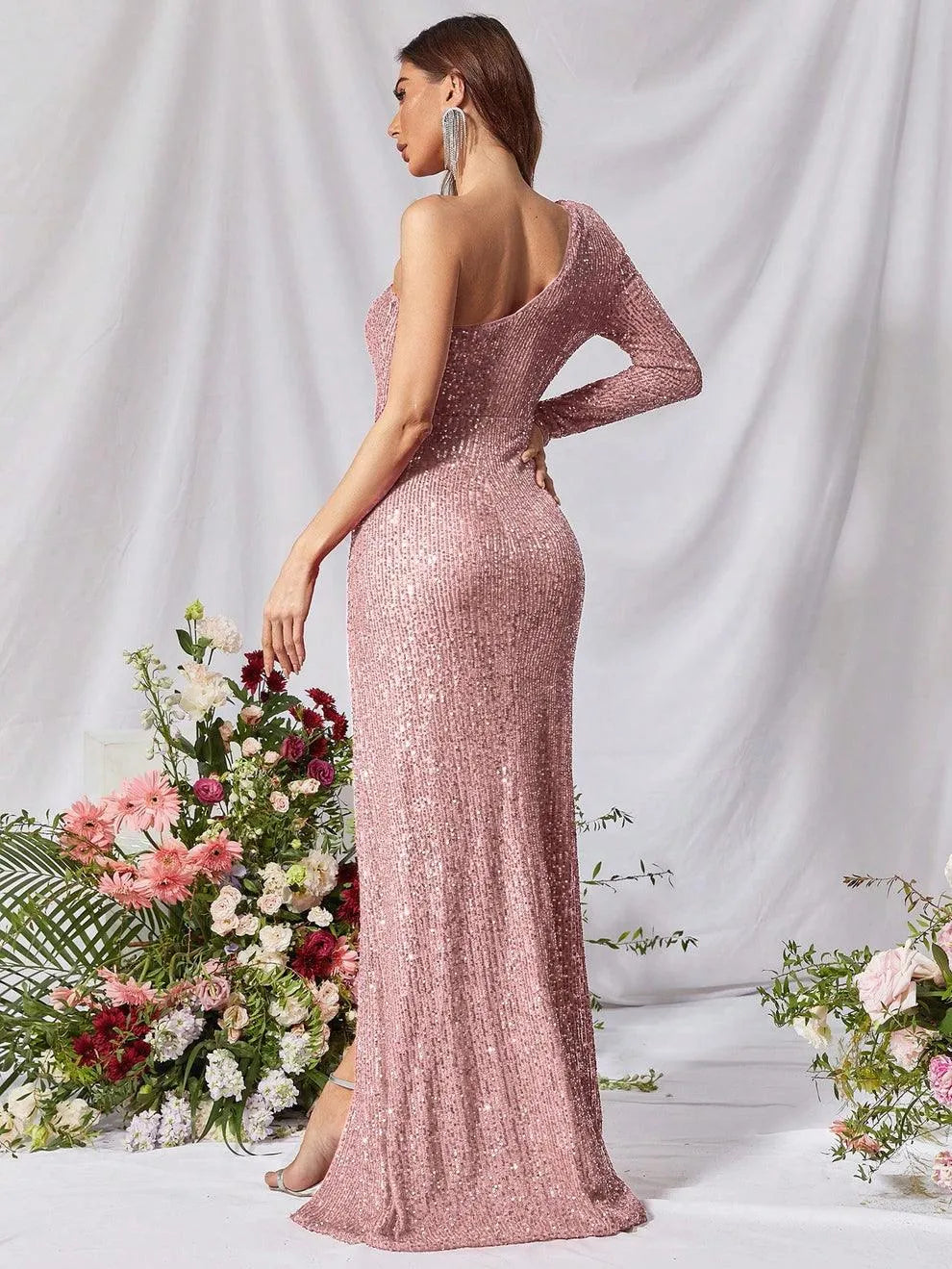 One Shoulder Split Thigh Sequin Formal Dress - Elonnashop