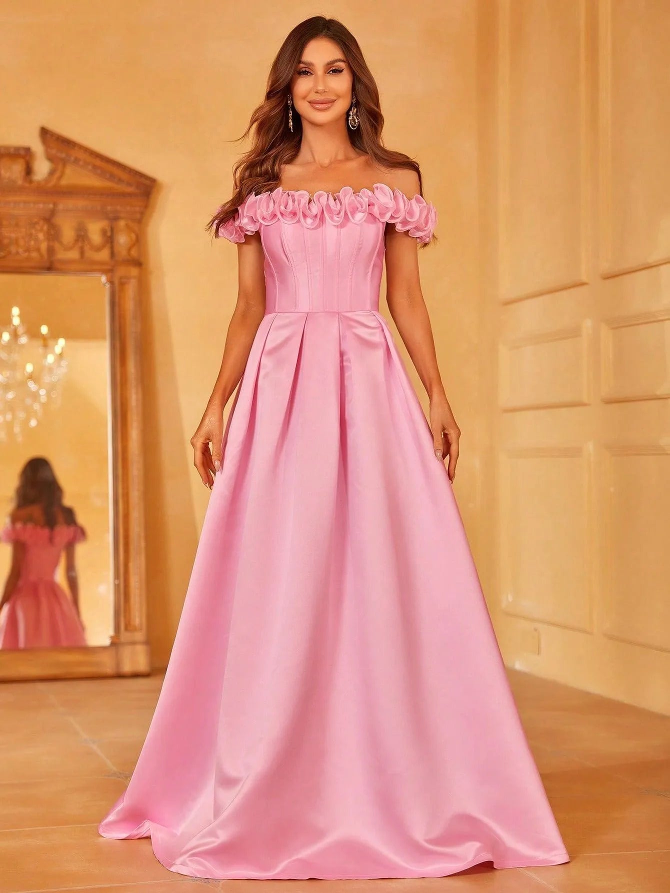 Off Shoulder Ruffle Trim Satin Prom Dress - Elonnashop