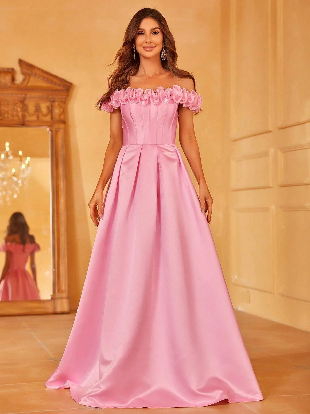 Off Shoulder Ruffle Trim Satin Prom Dress - Elonnashop