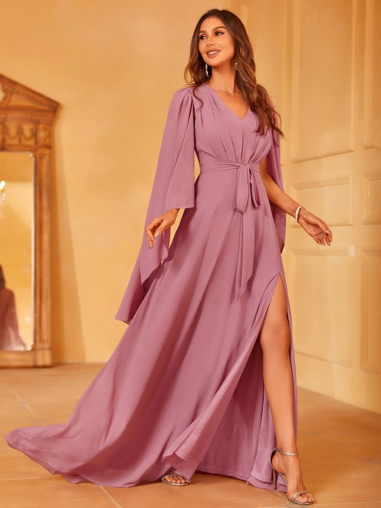 Solid Flounce Sleeve Chiffon Bridesmaid dress - Elonnashop