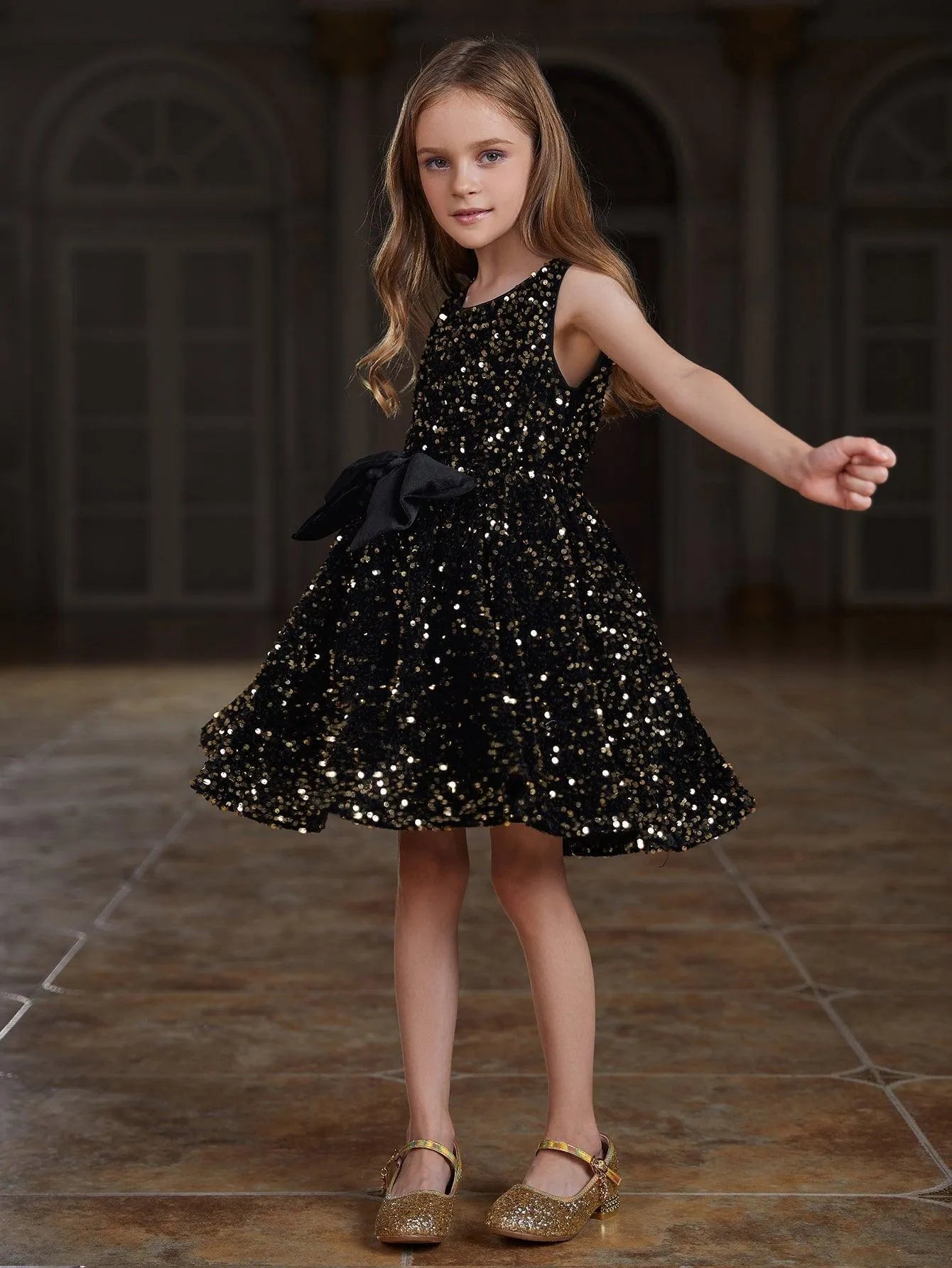 Tween Girls' Cute Sleeveless Bow Front Sequin A Line Dress - Elonnashop