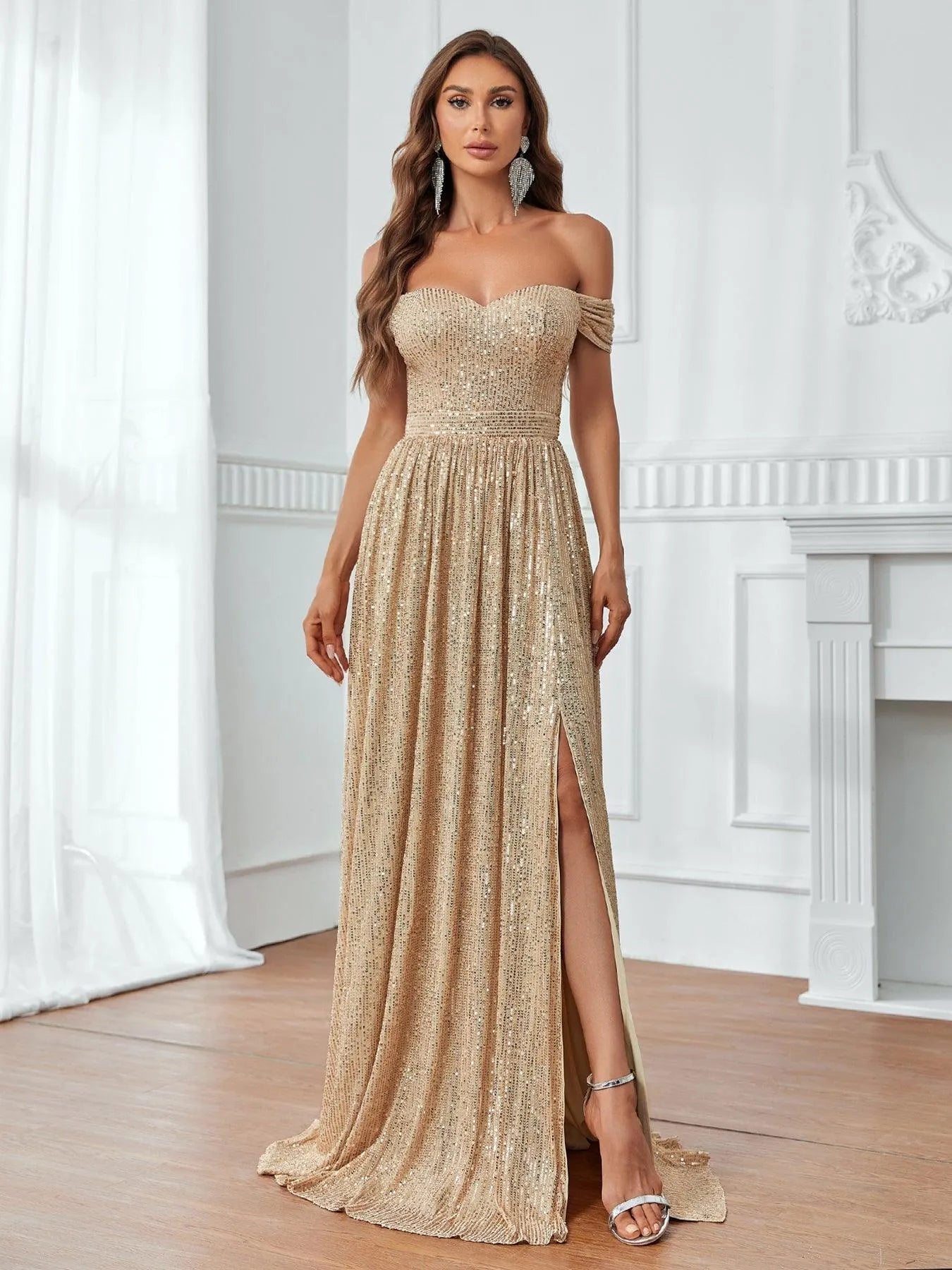 Off Shoulder Split Thigh Sequin Party Dress Elonnashop Off Shoulder Split Thigh Sequin Party Dress Elonnashop