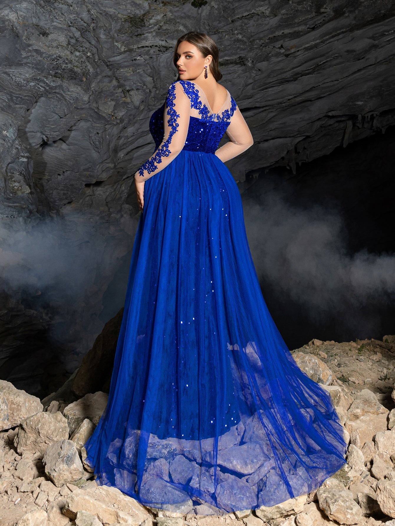 Plus Gorgeous Sequin Mermaid Evening Gown - Illusion Neckline Formal Dress with Long Lace Sleeves & Train