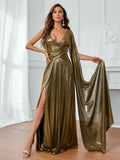 Plunging Neck Draped Side Metallic Slit A Line Dress - Elonnashop