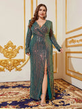 Plus Size V Neck Long Sleeves Sequin Slit Party Dress