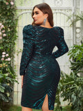 Plus Gigot Sleeves Sequin Midi Dresses - Elonnashop