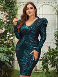 Plus Gigot Sleeves Sequin Midi Dresses - Elonnashop